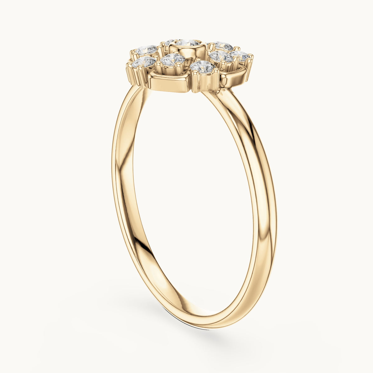 Round lab-grown diamond bezel center flower ring in yellow gold, 0.138 CT TW, view 1