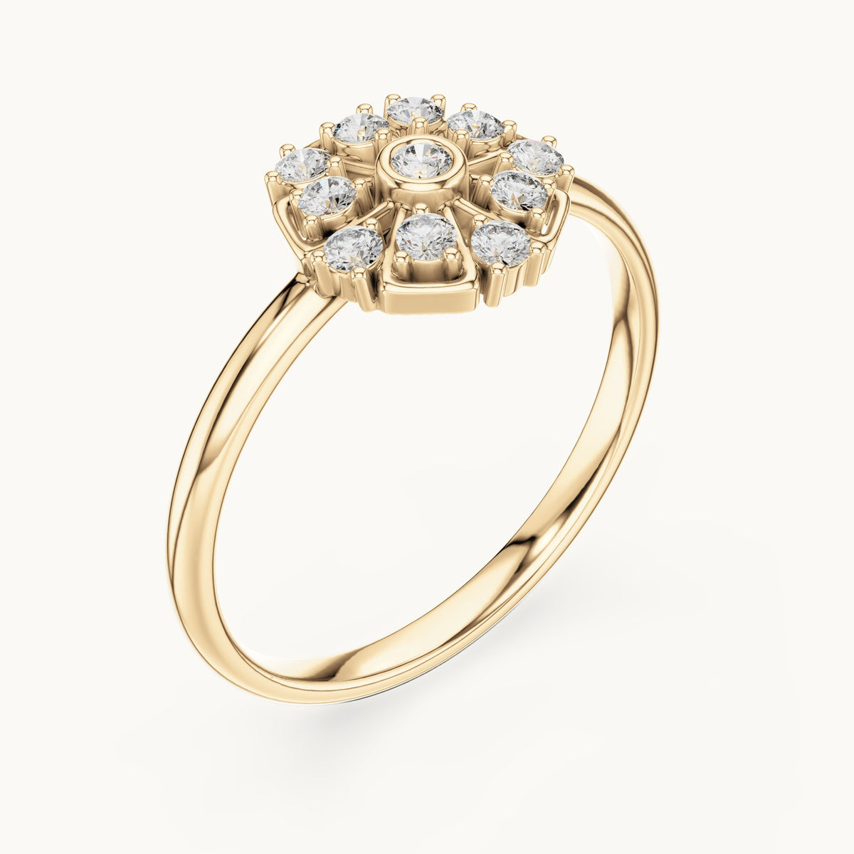 Round lab-grown diamond bezel center flower ring in yellow gold, 0.138 CT TW, view 2