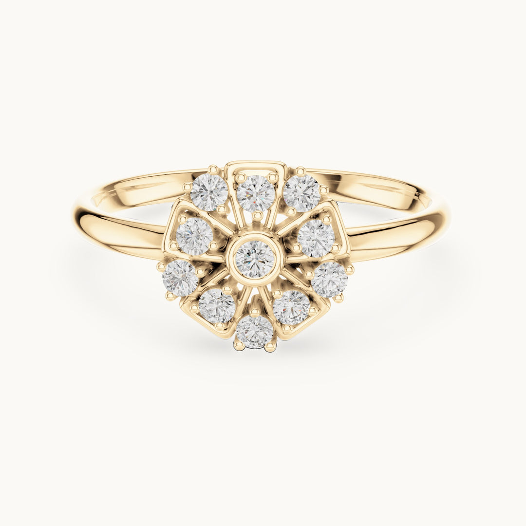 Round lab-grown diamond bezel center flower ring in yellow gold, 0.138 CT TW, view 4