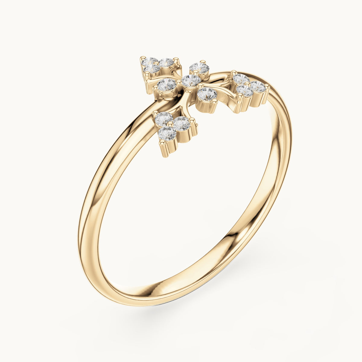 Round lab-grown diamond fleur cross ring in yellow gold, 0.065 CT TW, view 2