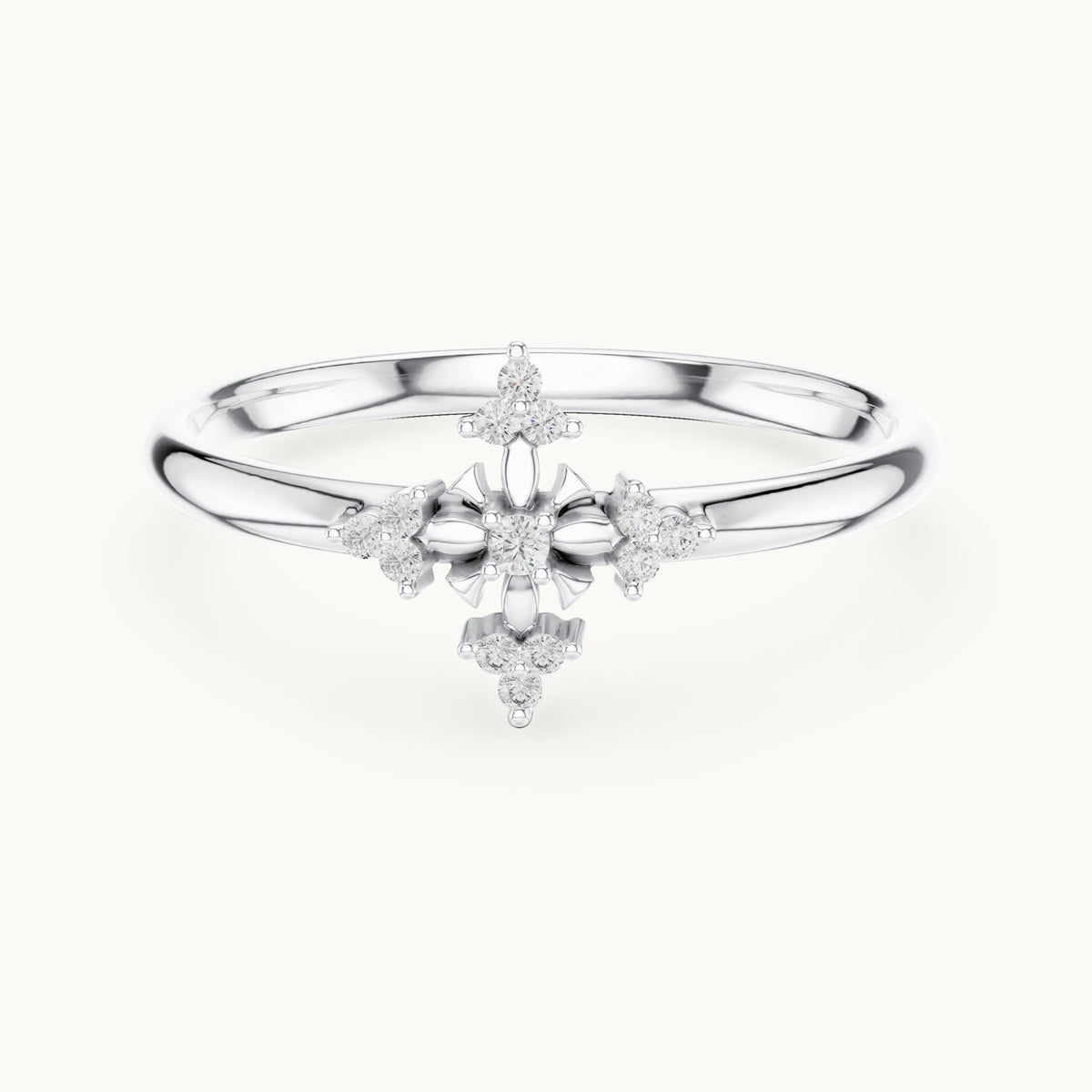 Round lab-grown diamond floral cross ring in white gold, 0.042 CT TW, view 4