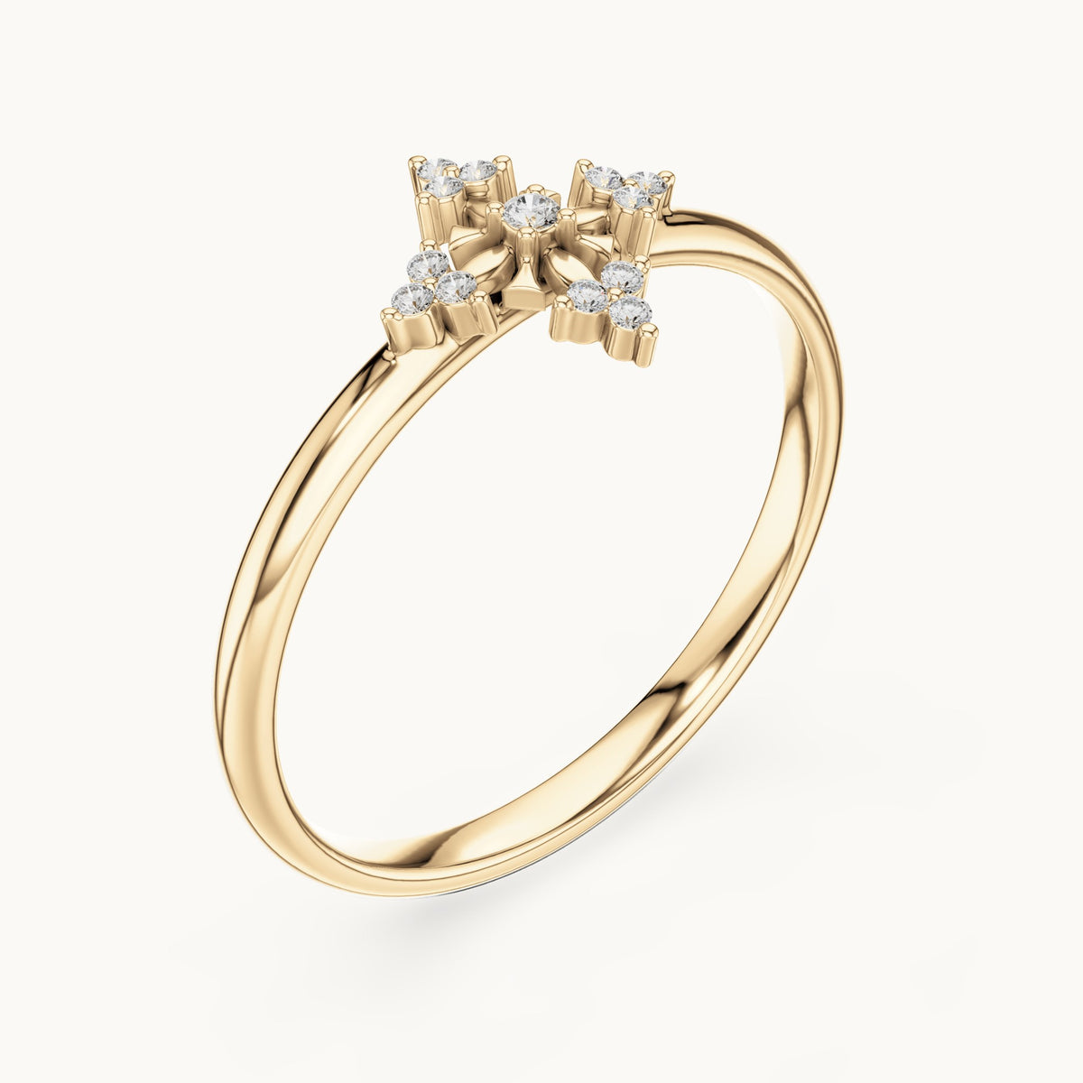Round lab-grown diamond floral cross ring in yellow gold, 0.042 CT TW, view 2