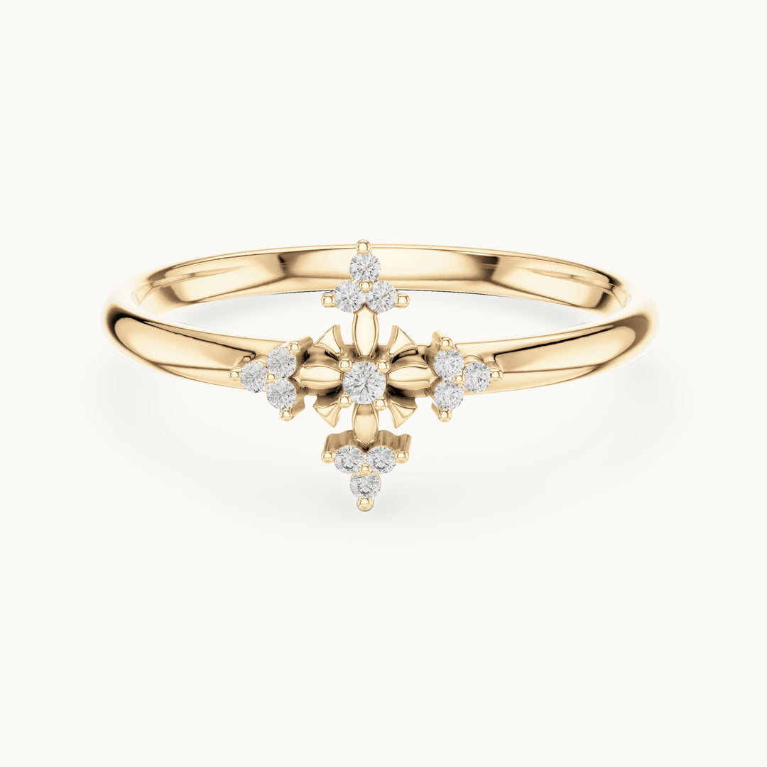 Round lab-grown diamond floral cross ring in yellow gold, 0.042 CT TW, view 4