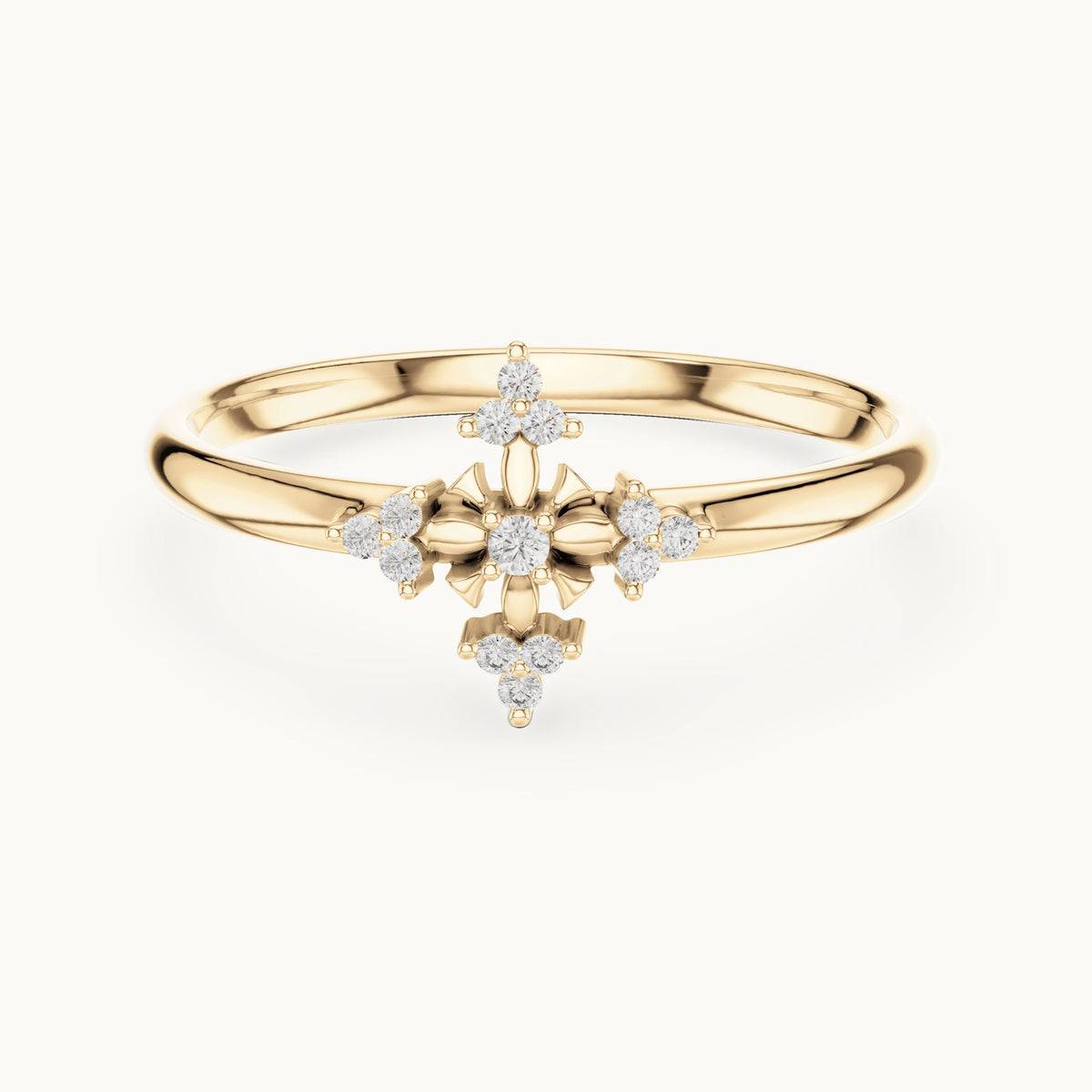 Round lab-grown diamond floral cross ring in yellow gold, 0.042 CT TW, view 4