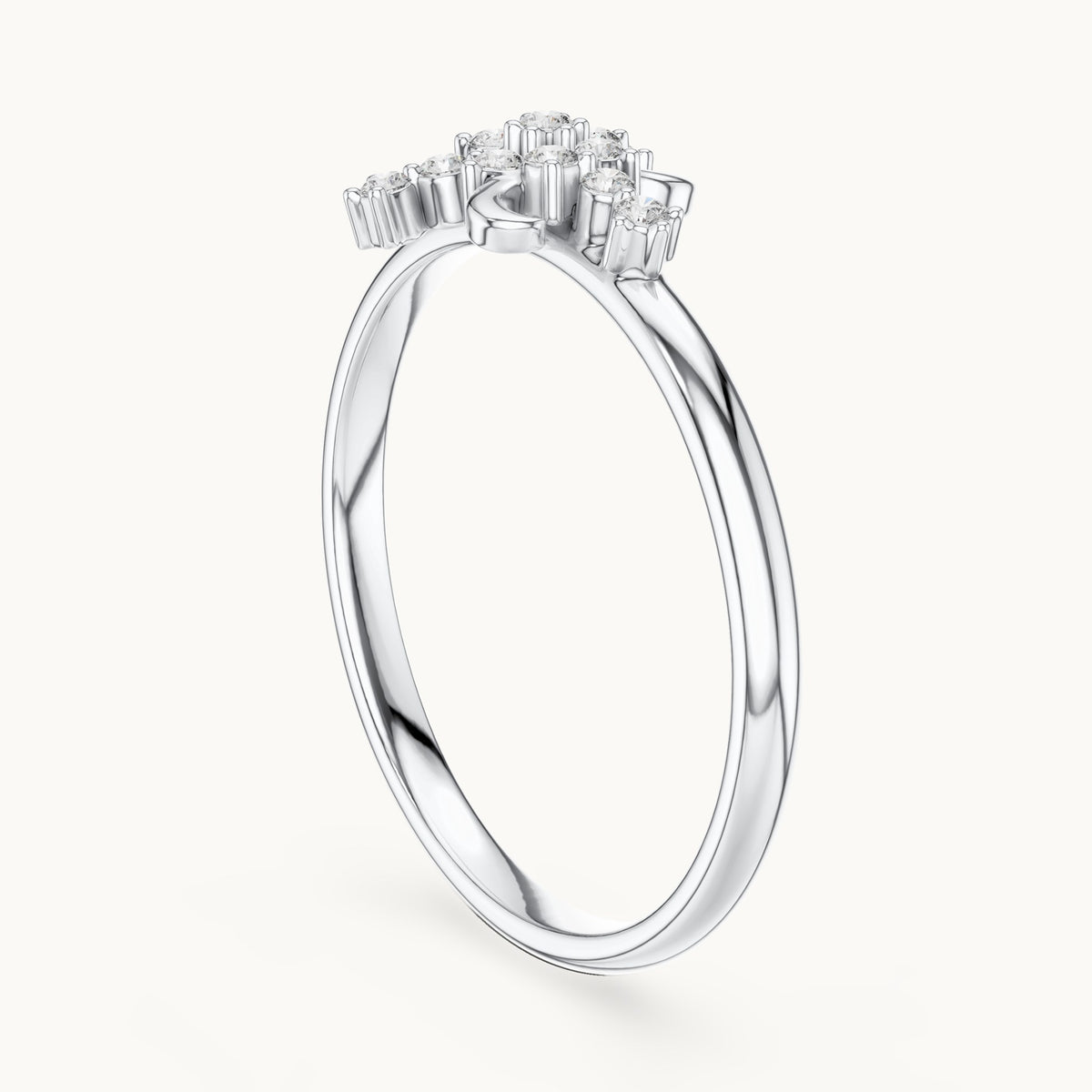 Round lab-grown diamond crescent moon cluster ring in white gold, 0.078 CT TW, view 1