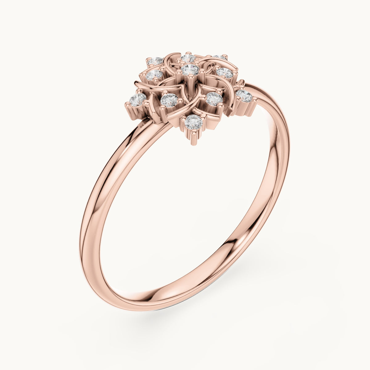 Round lab-grown diamond filigree flower ring in rose gold, 0.056 CT TW, view 2