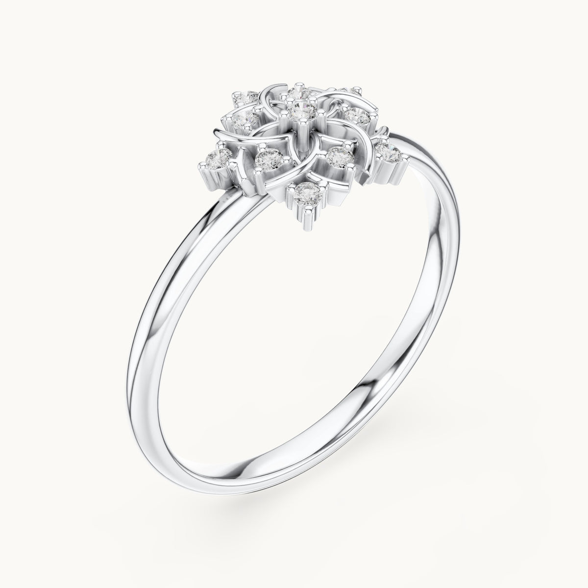 Round lab-grown diamond filigree flower ring in white gold, 0.056 CT TW, view 2