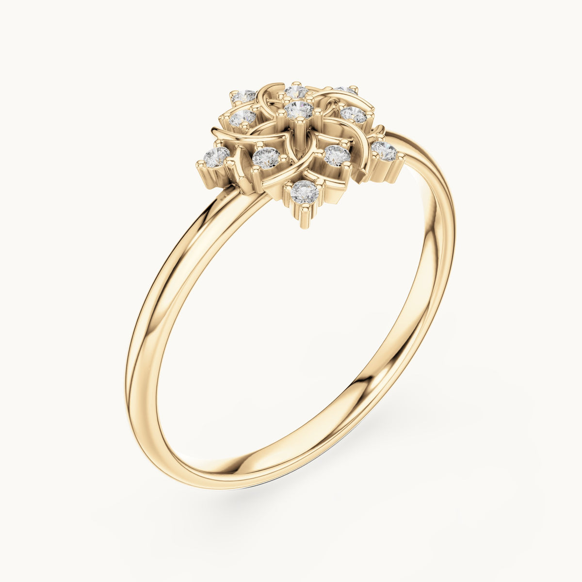 Round lab-grown diamond filigree flower ring in yellow gold, 0.056 CT TW, view 2
