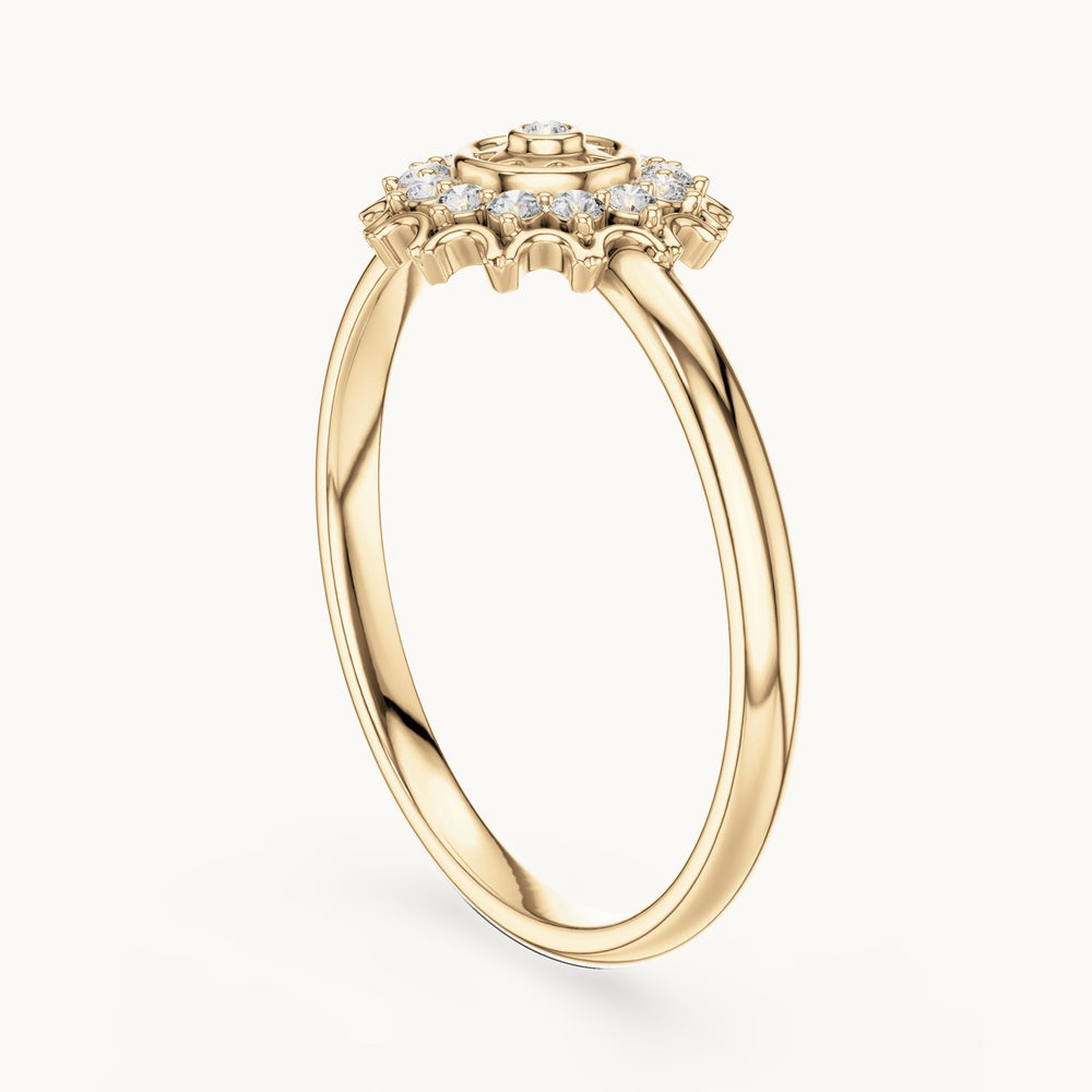 Round lab-grown diamond sunburst medallion ring in yellow gold, 0.082 CT TW, view 1