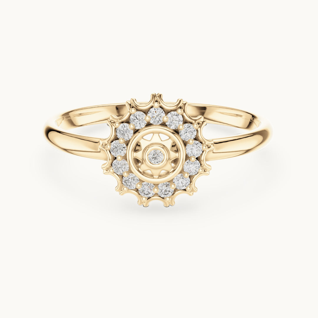 Round lab-grown diamond sunburst medallion ring in yellow gold, 0.082 CT TW, view 4