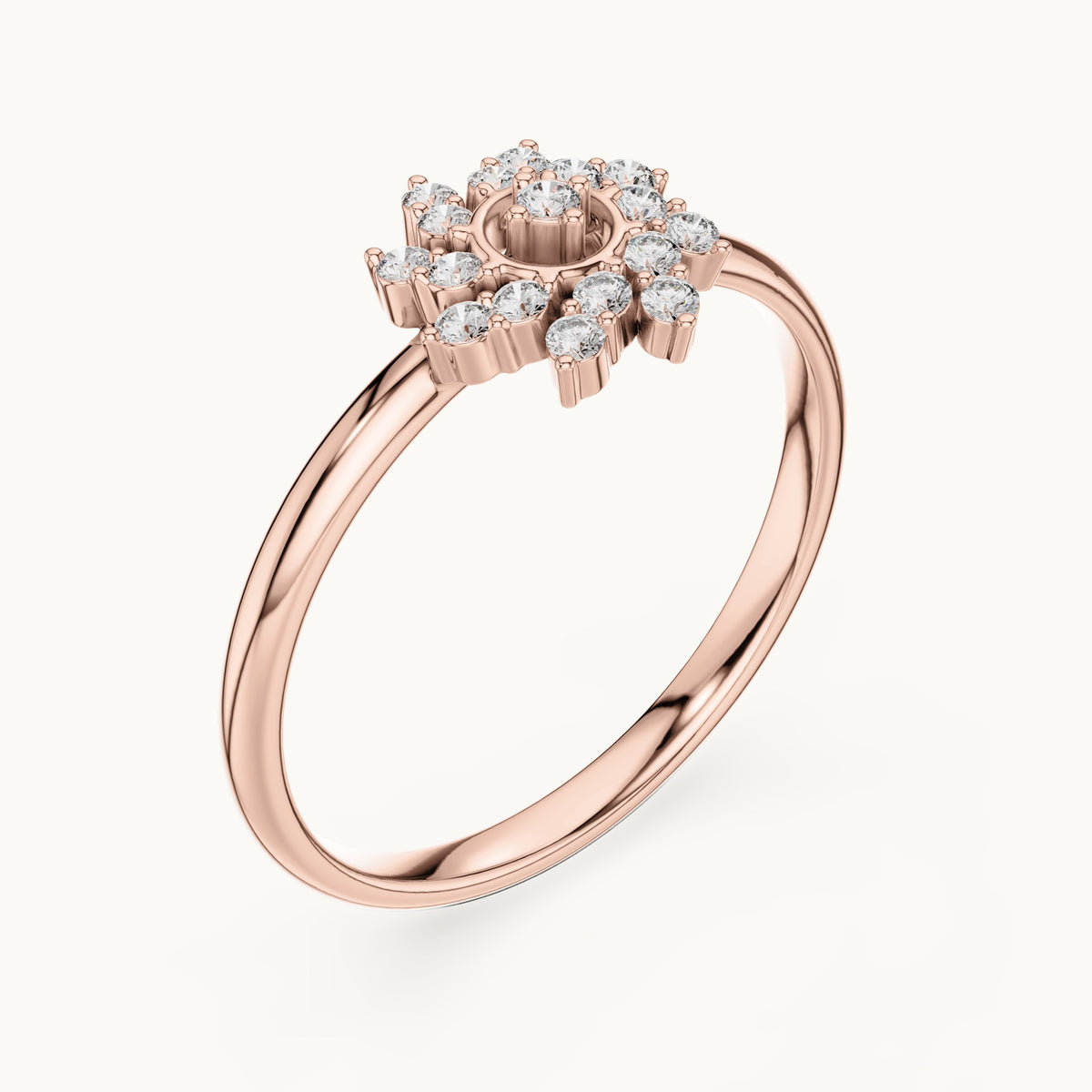 Round lab-grown diamond pinwheel halo ring in rose gold, 0.104 CT TW, view 2