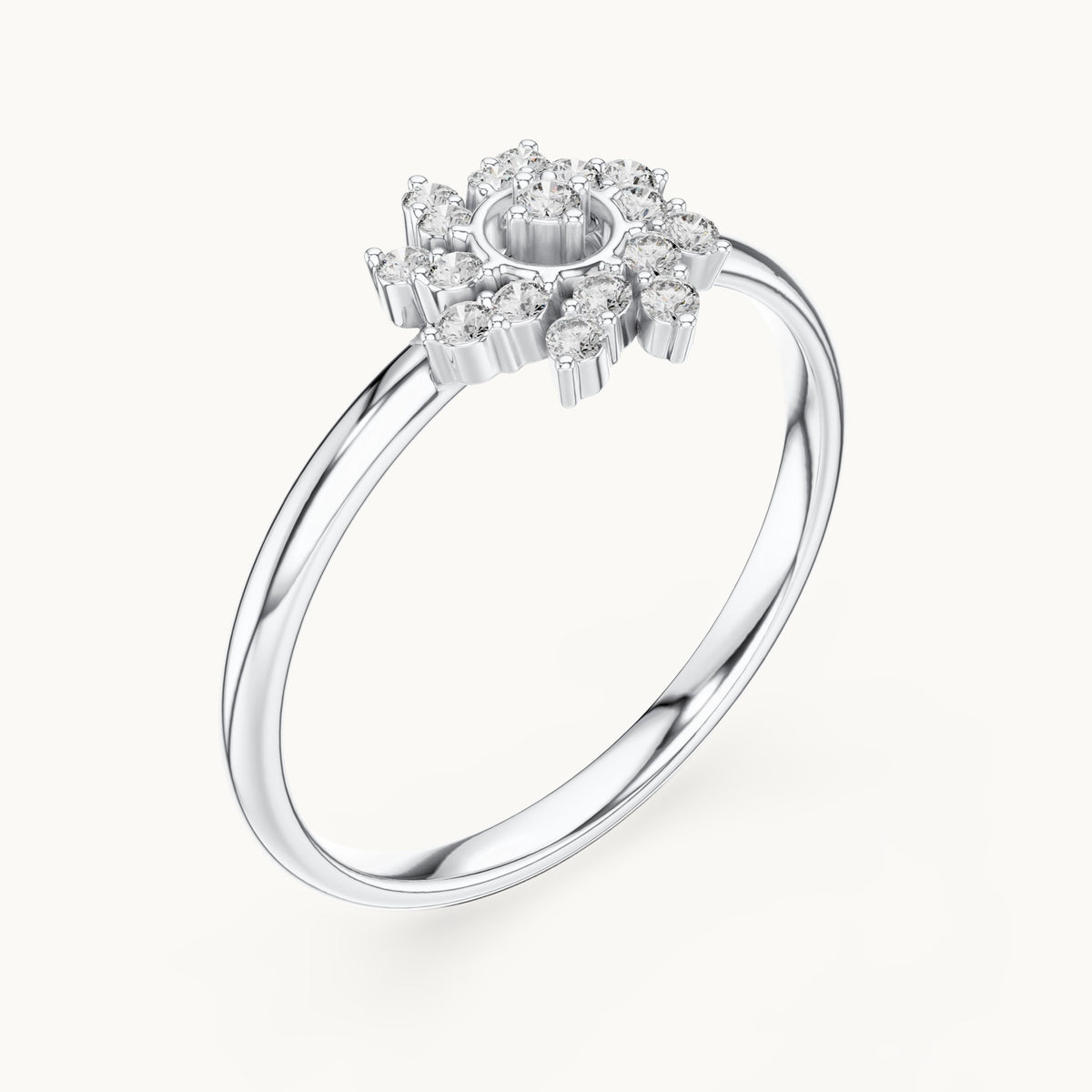 Round lab-grown diamond pinwheel halo ring in white gold, 0.104 CT TW, view 2