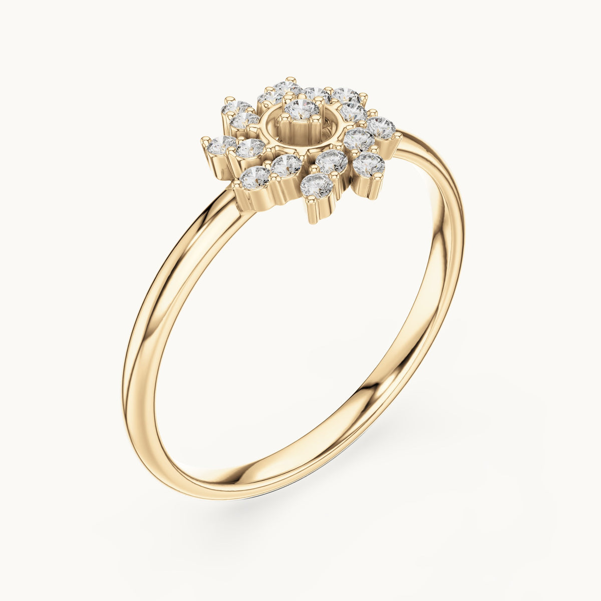 Round lab-grown diamond pinwheel halo ring in yellow gold, 0.104 CT TW, view 2