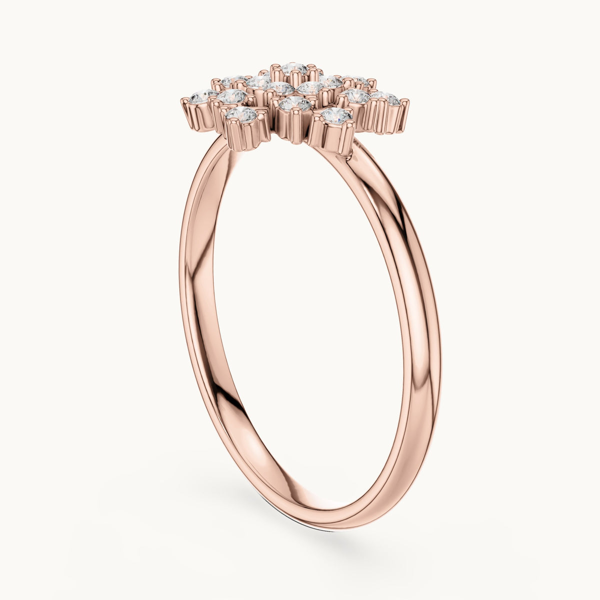 Round lab-grown diamond flower burst cluster ring in rose gold, 0.152 CT TW, view 1