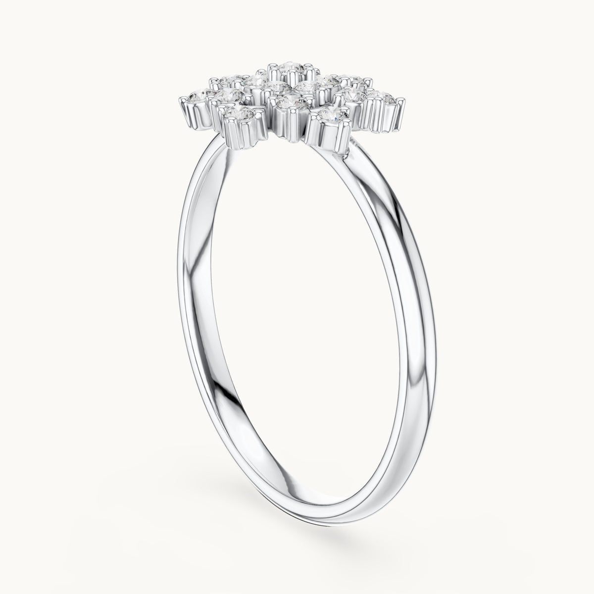 Round lab-grown diamond flower burst cluster ring in white gold, 0.152 CT TW, view 1