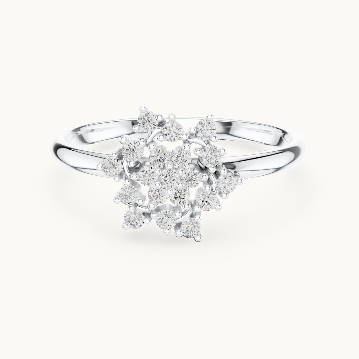 Round lab-grown diamond flower burst cluster ring in white gold, 0.152 CT TW, view 4