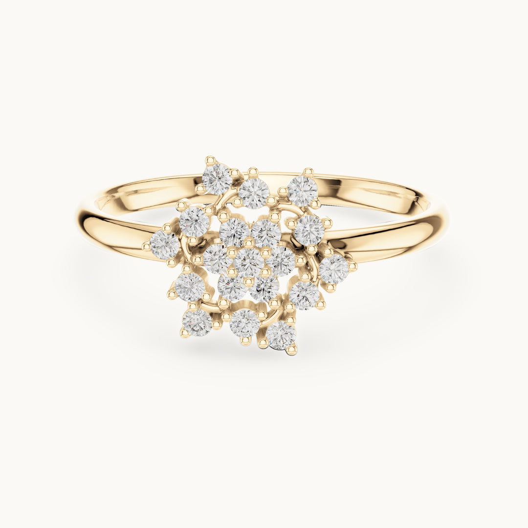 Round lab-grown diamond flower burst cluster ring in yellow gold, 0.152 CT TW, view 4