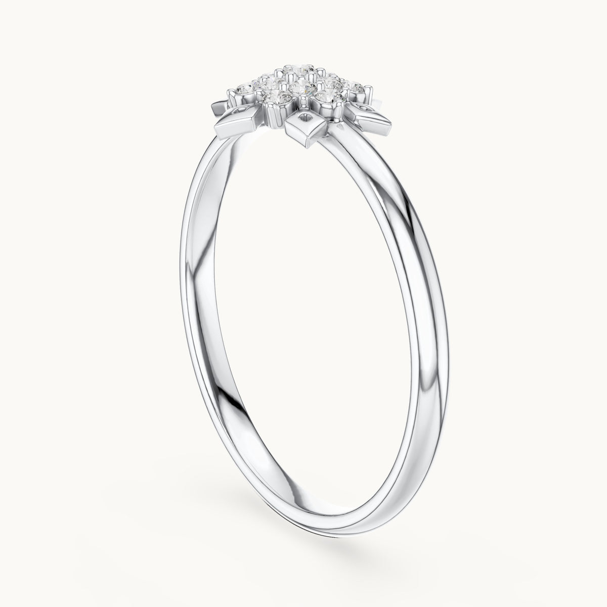 Round lab-grown diamond starburst cluster ring in white gold, 0.068 CT TW, view 1