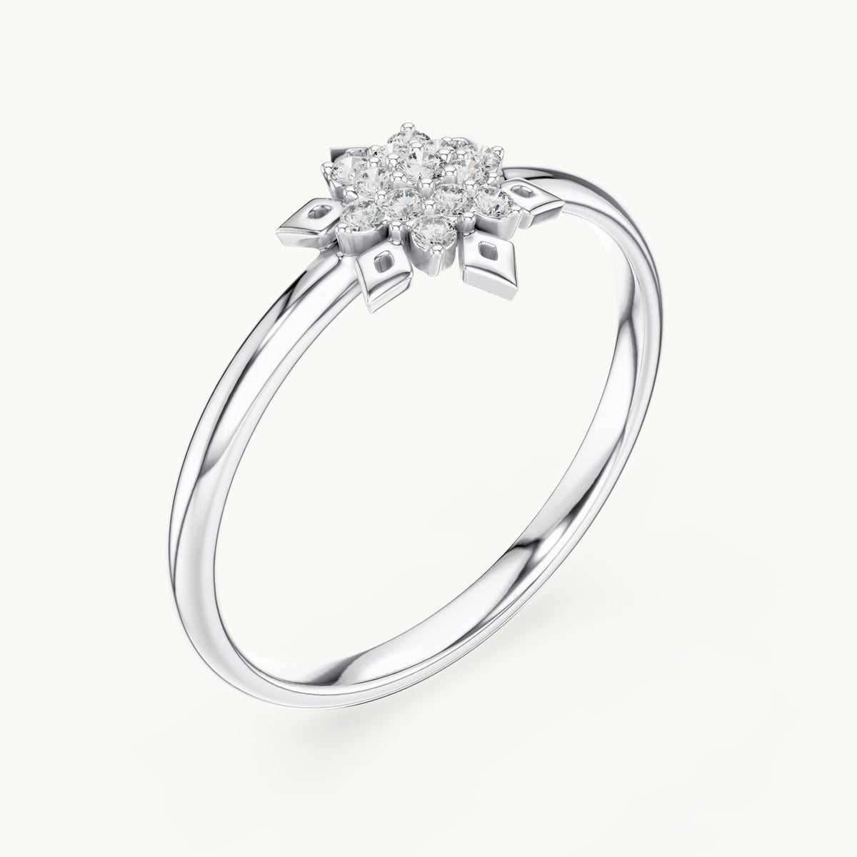 Round lab-grown diamond starburst cluster ring in white gold, 0.068 CT TW, view 2