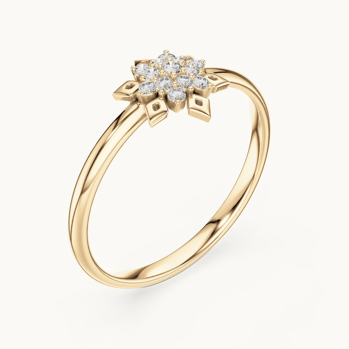 Round lab-grown diamond starburst cluster ring in yellow gold, 0.068 CT TW, view 2