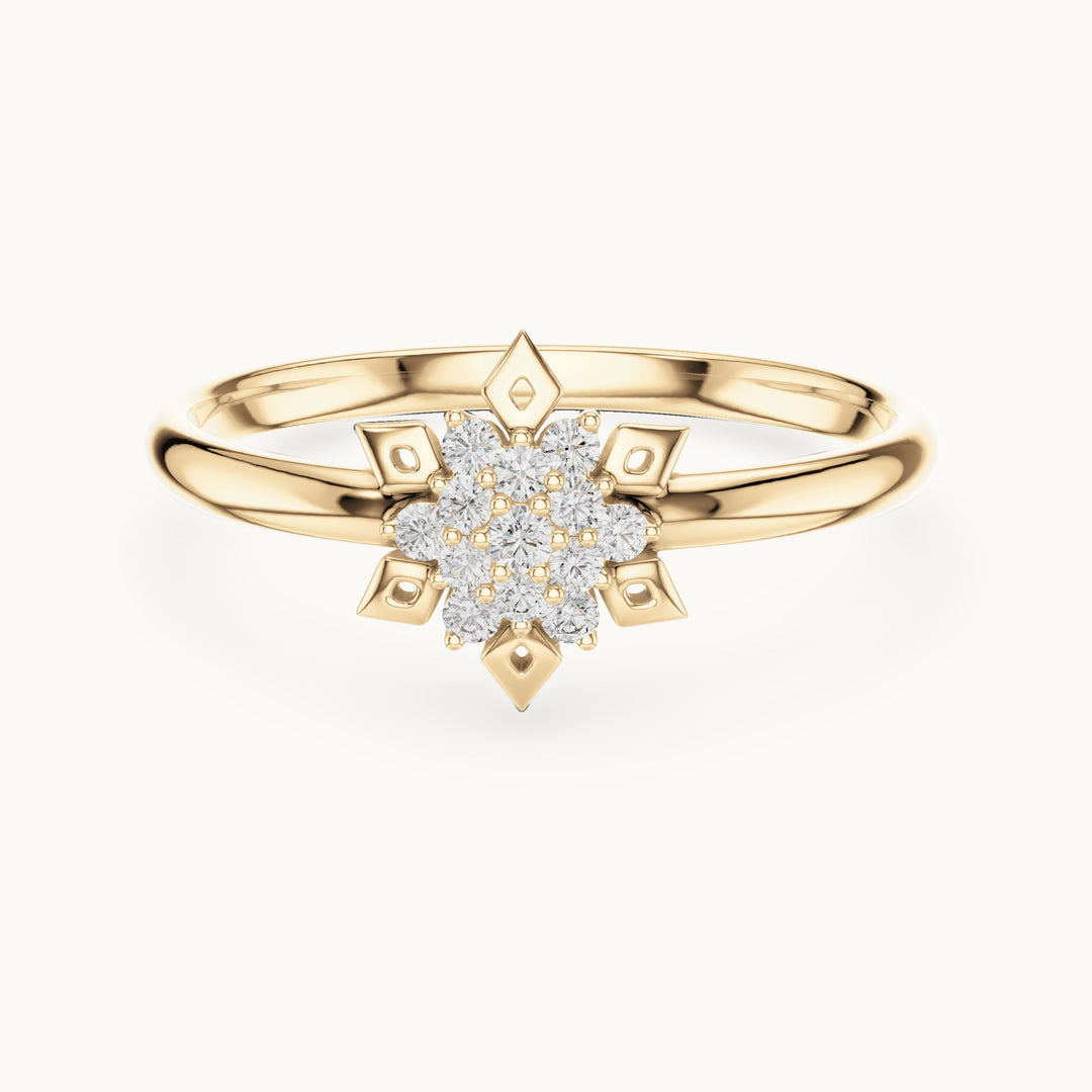 Round lab-grown diamond starburst cluster ring in yellow gold, 0.068 CT TW, view 4