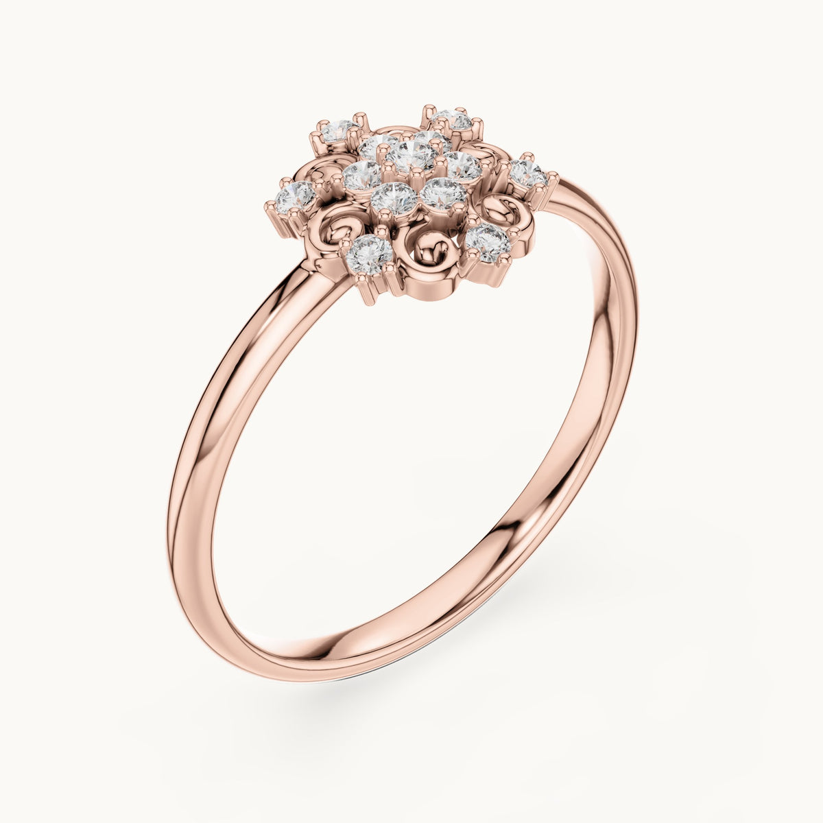 Round lab-grown diamond scroll cluster ring in rose gold, 0.082 CT TW, view 2