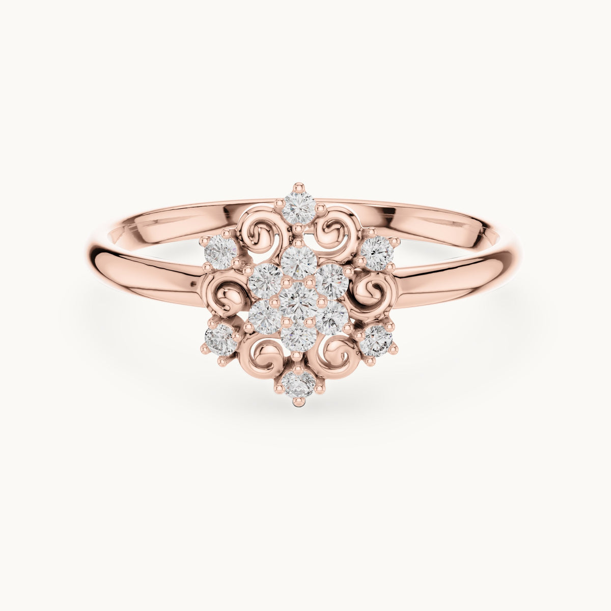 Round lab-grown diamond scroll cluster ring in rose gold, 0.082 CT TW, view 4