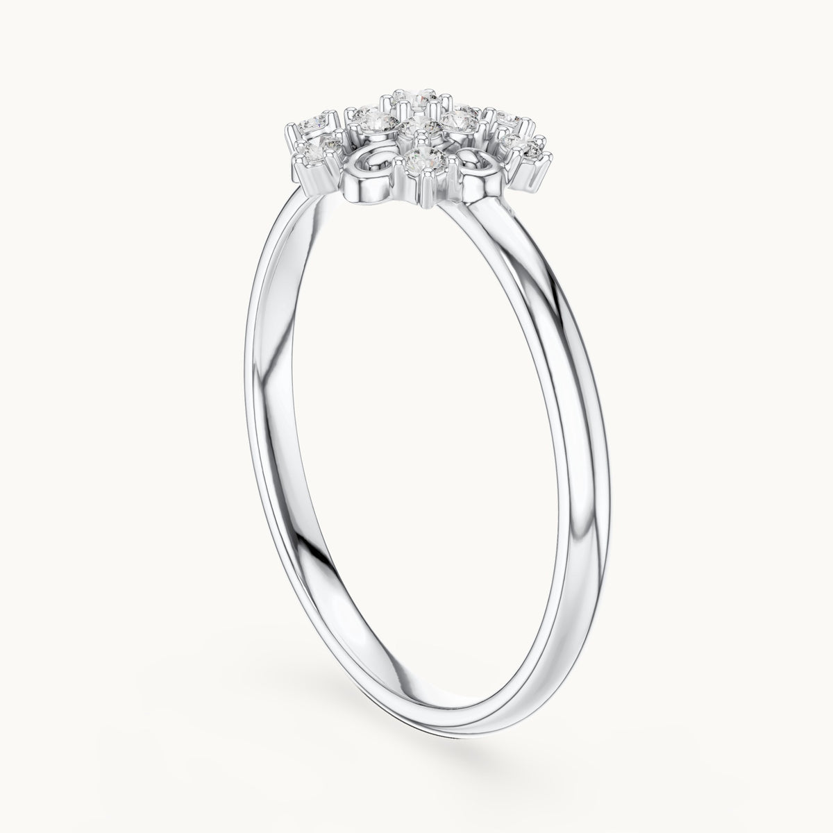 Round lab-grown diamond scroll cluster ring in white gold, 0.082 CT TW, view 1
