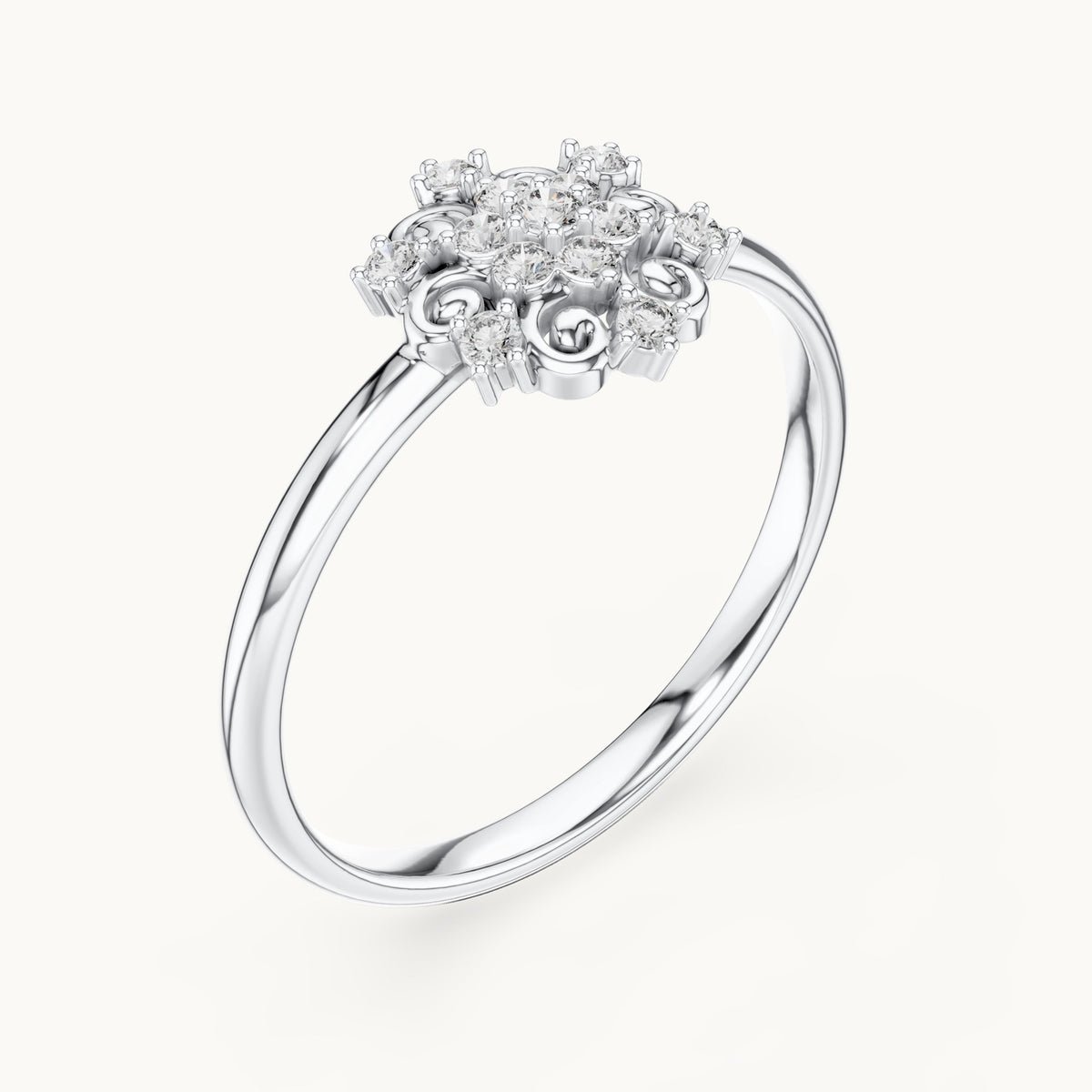 Round lab-grown diamond scroll cluster ring in white gold, 0.082 CT TW, view 2