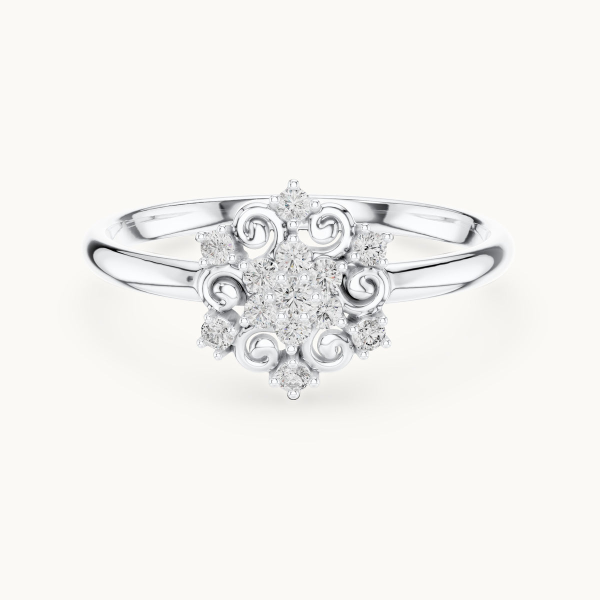 Round lab-grown diamond scroll cluster ring in white gold, 0.082 CT TW, view 4