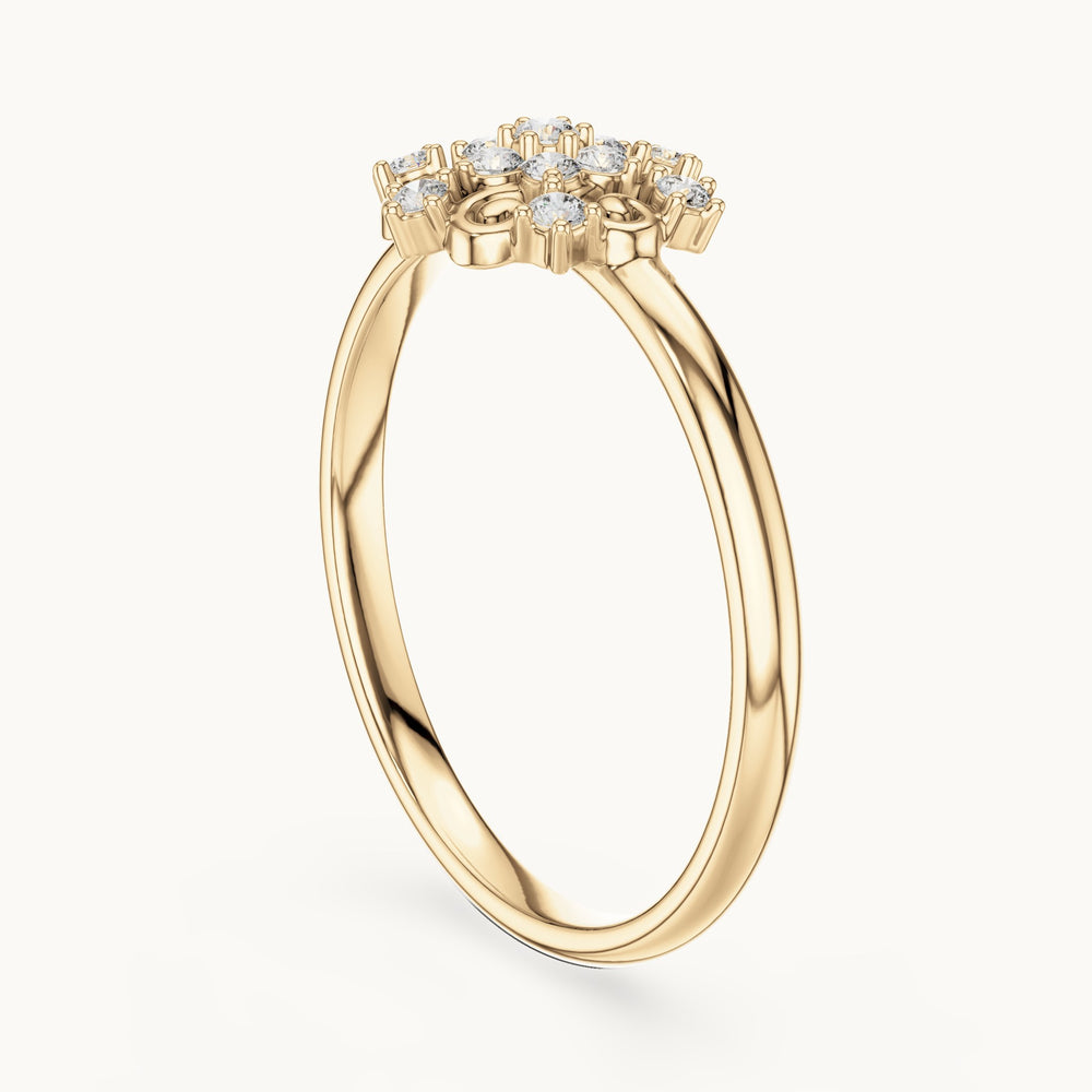 Round lab-grown diamond scroll cluster ring in yellow gold, 0.082 CT TW, view 1