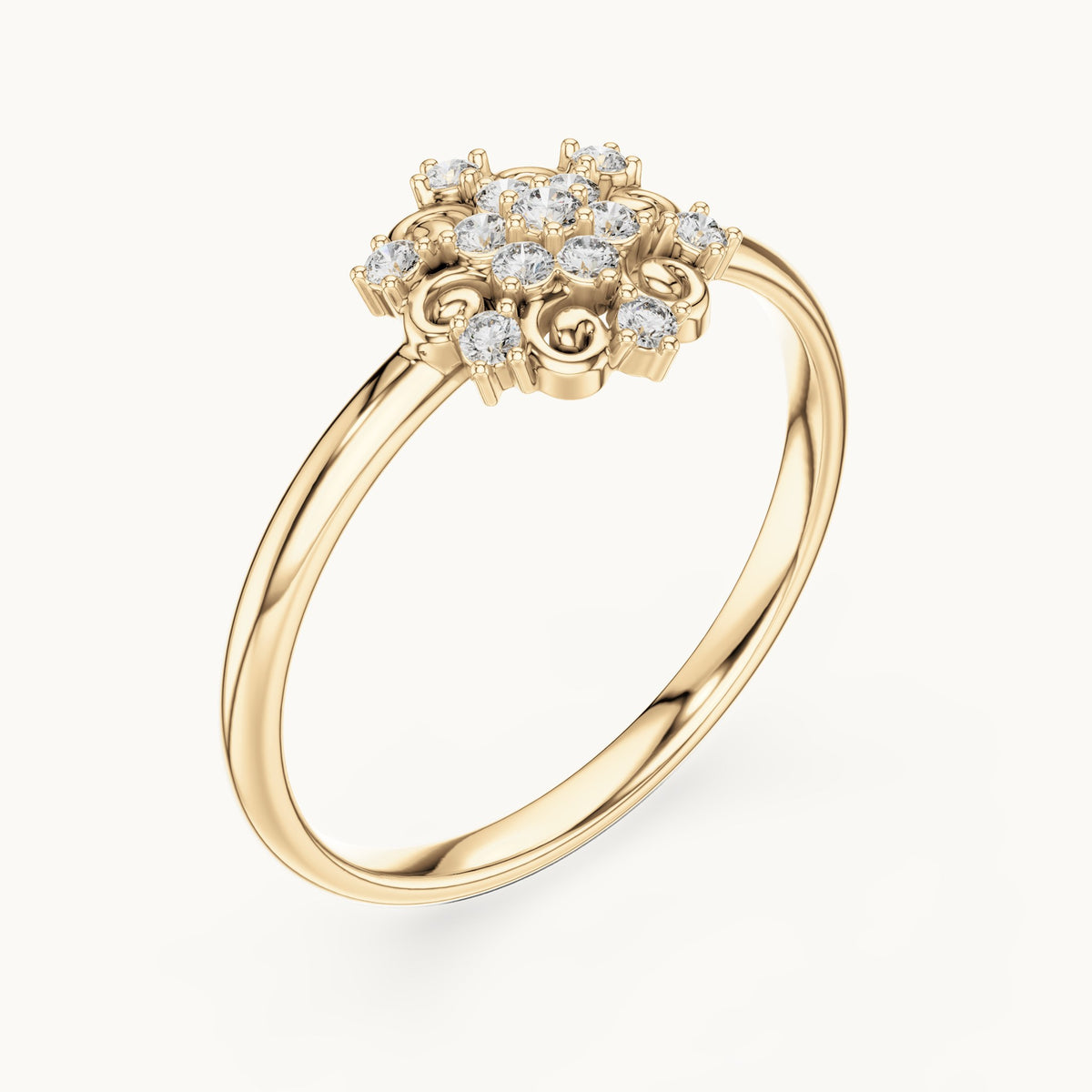 Round lab-grown diamond scroll cluster ring in yellow gold, 0.082 CT TW, view 2