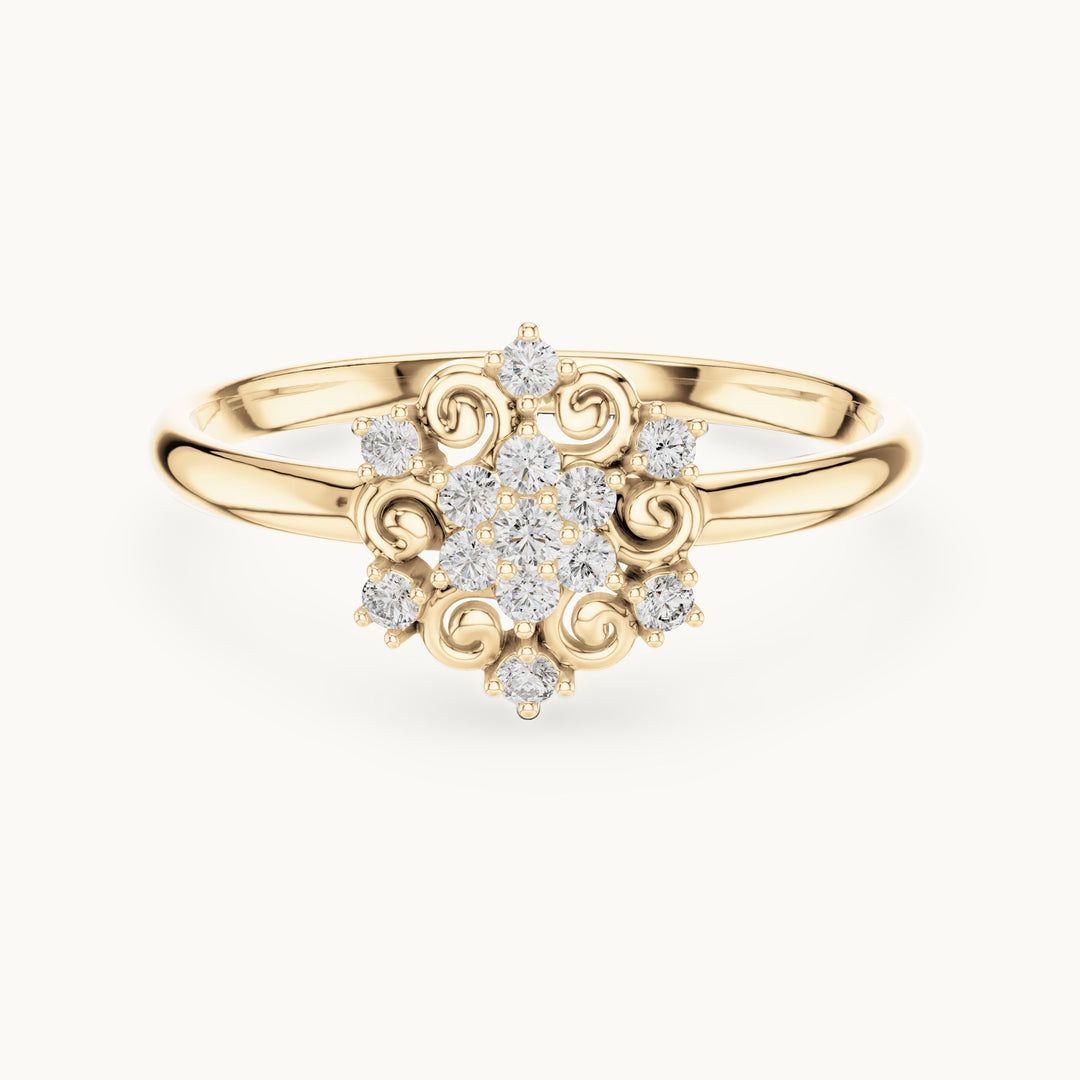 Round lab-grown diamond scroll cluster ring in yellow gold, 0.082 CT TW, view 4
