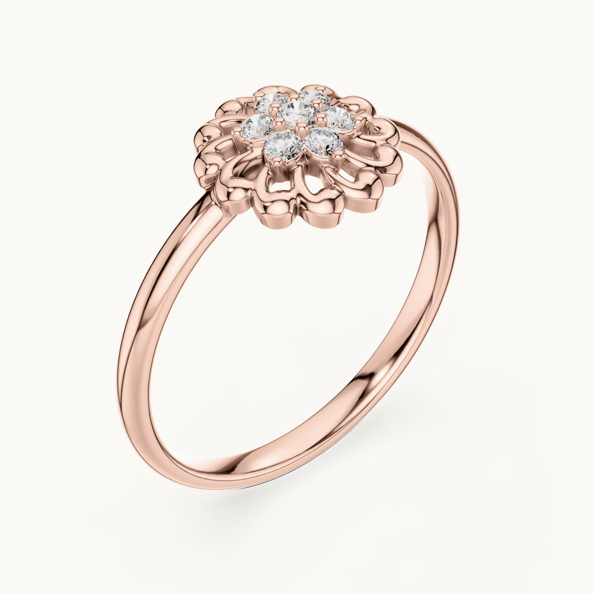 Round lab-grown diamond scalloped flower ring in rose gold, 0.075 CT TW, view 2