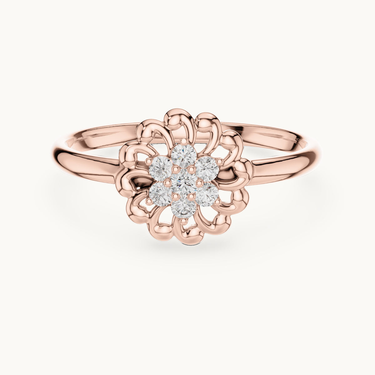 Round lab-grown diamond scalloped flower ring in rose gold, 0.075 CT TW, view 4