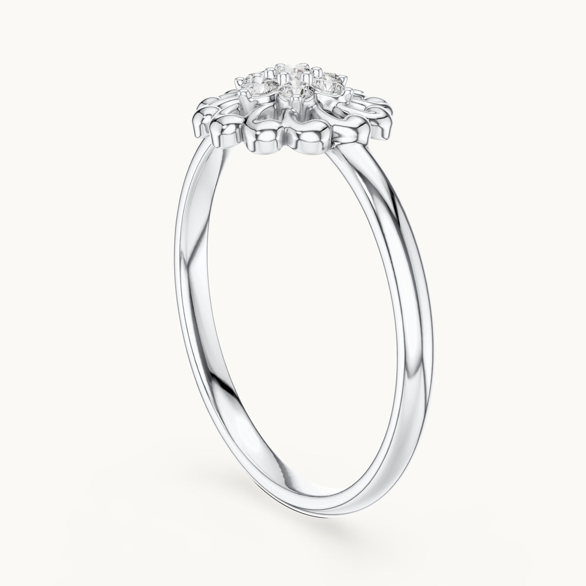Round lab-grown diamond scalloped flower ring in white gold, 0.075 CT TW, view 1