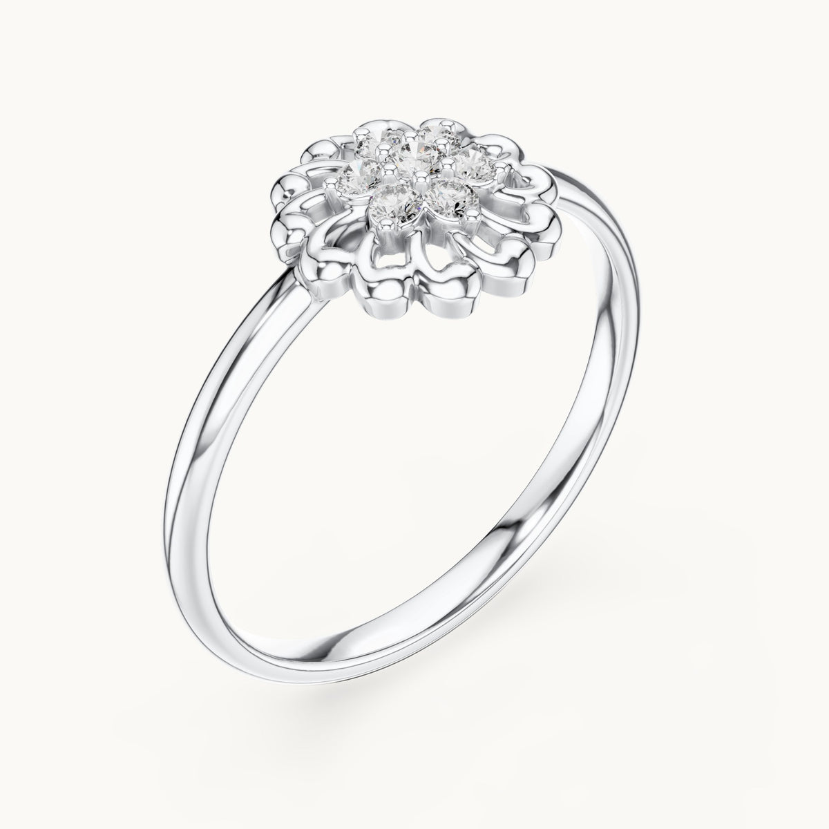 Round lab-grown diamond scalloped flower ring in white gold, 0.075 CT TW, view 2