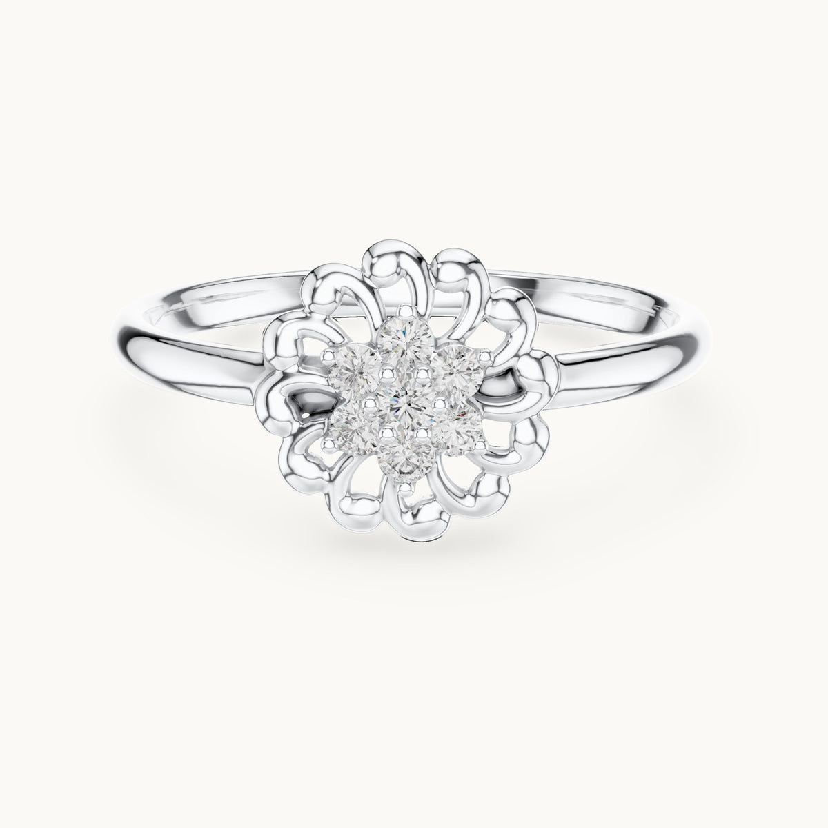 Round lab-grown diamond scalloped flower ring in white gold, 0.075 CT TW, view 4