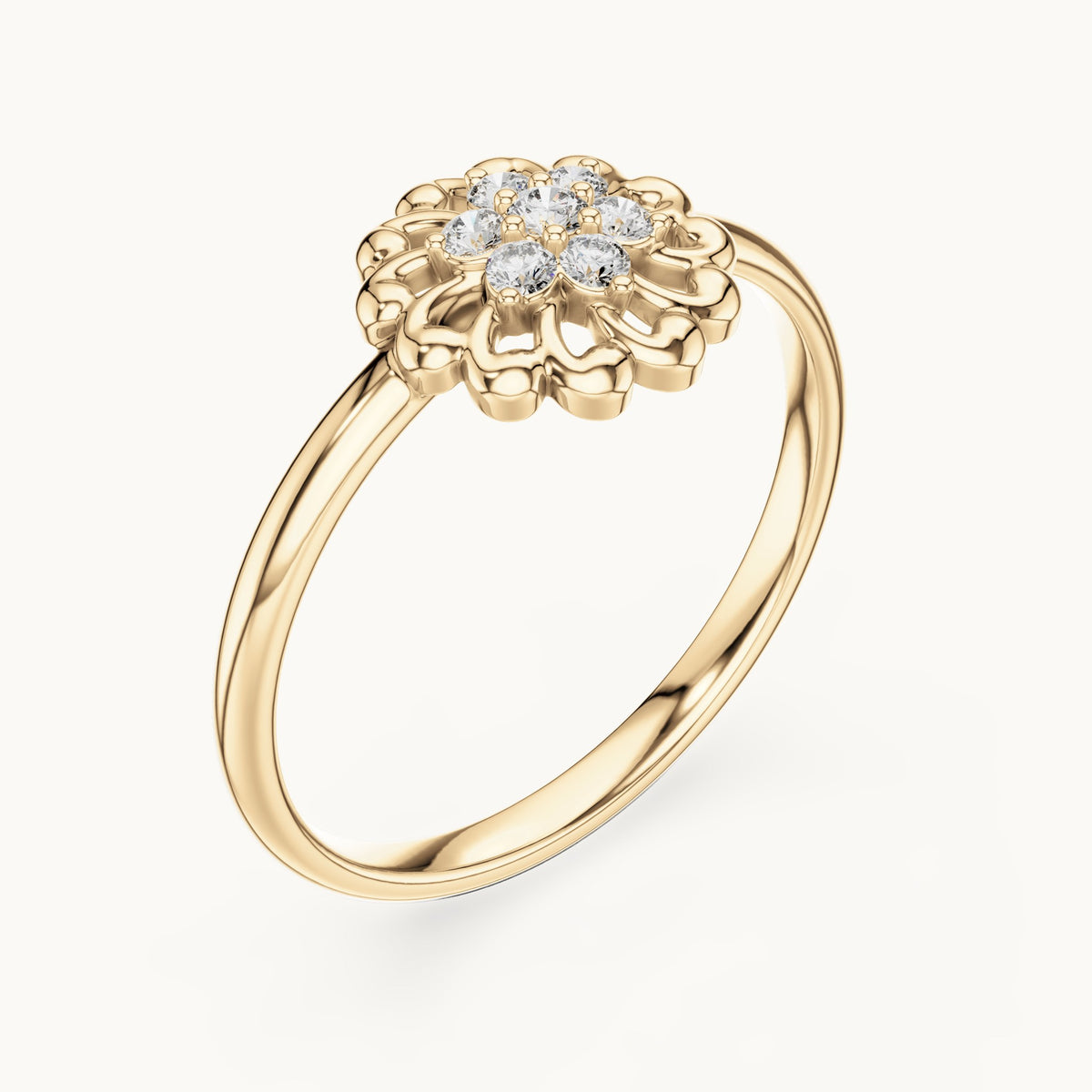 Round lab-grown diamond scalloped flower ring in yellow gold, 0.075 CT TW, view 2