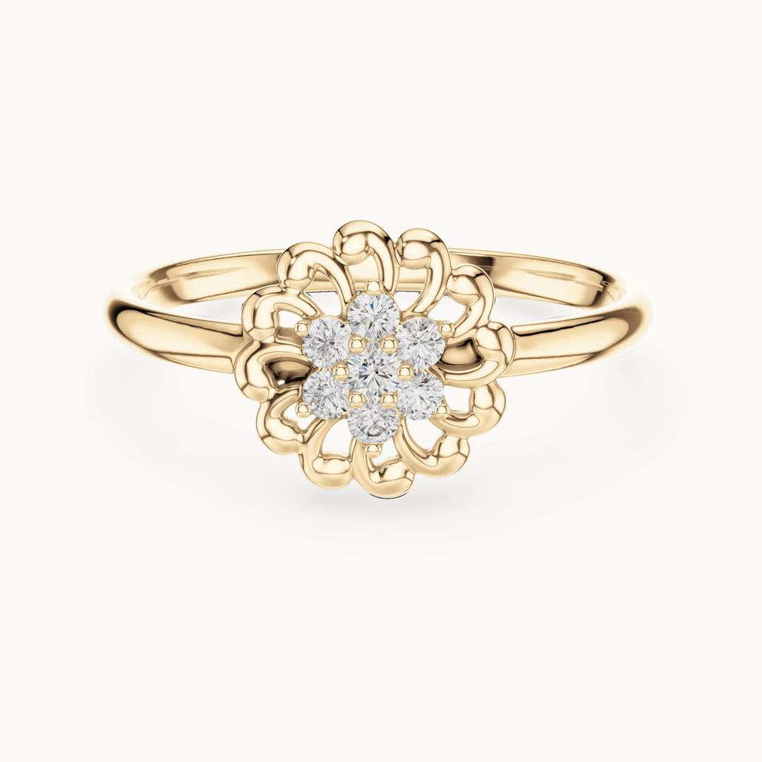 Round lab-grown diamond scalloped flower ring in yellow gold, 0.075 CT TW, view 4