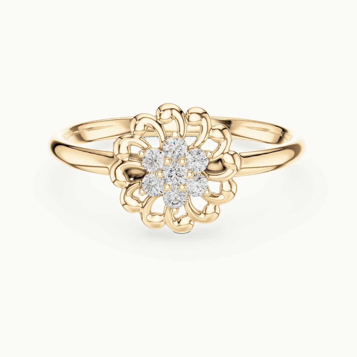 Round lab-grown diamond scalloped flower ring in yellow gold, 0.075 CT TW, view 4