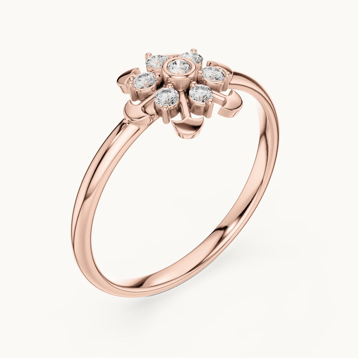 Round lab-grown diamond bezel center flower ring in rose gold, 0.090 CT TW, view 2