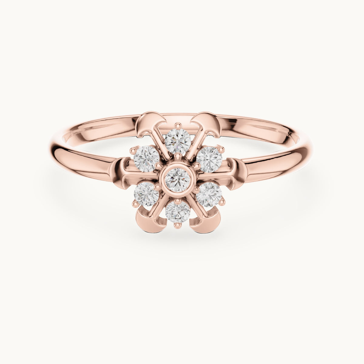 Round lab-grown diamond bezel center flower ring in rose gold, 0.090 CT TW, view 4