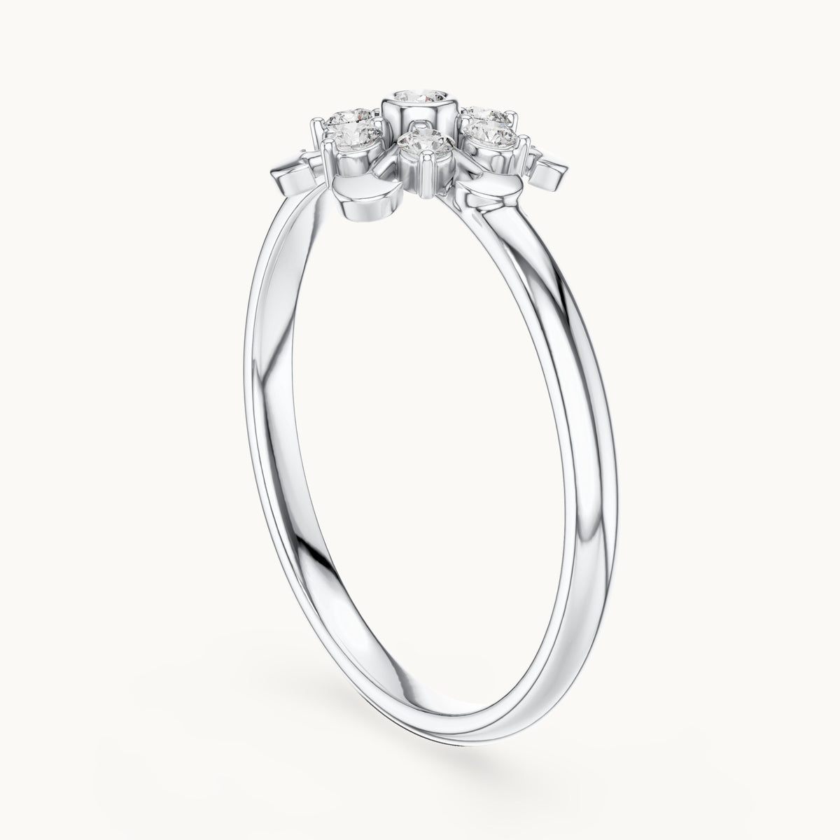 Round lab-grown diamond bezel center flower ring in white gold, 0.090 CT TW, view 1
