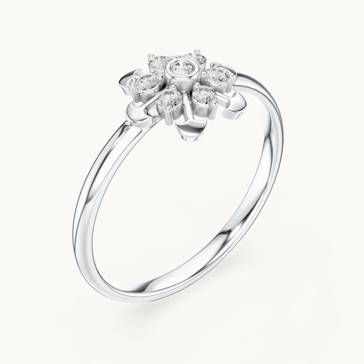 Round lab-grown diamond bezel center flower ring in white gold, 0.090 CT TW, view 2