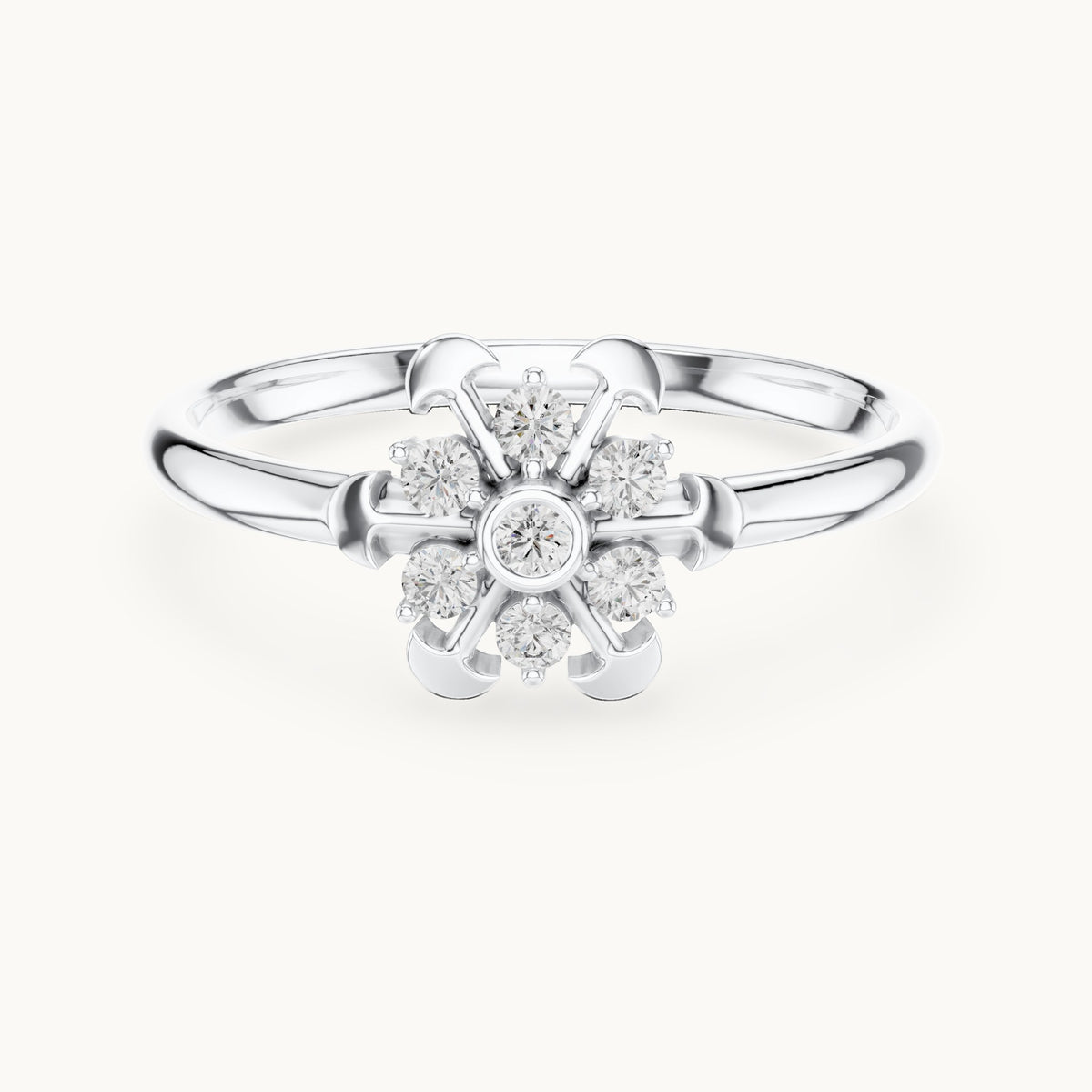 Round lab-grown diamond bezel center flower ring in white gold, 0.090 CT TW, view 4