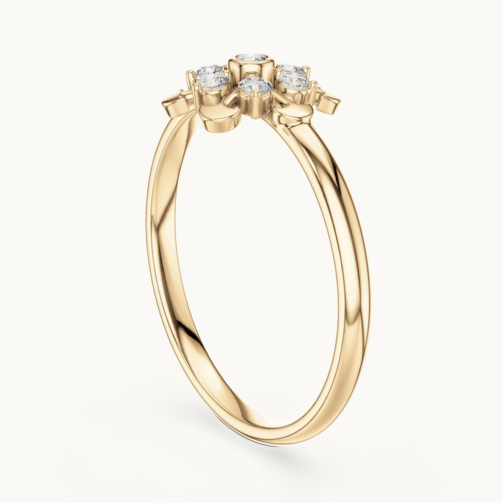 Round lab-grown diamond bezel center flower ring in yellow gold, 0.090 CT TW, view 1