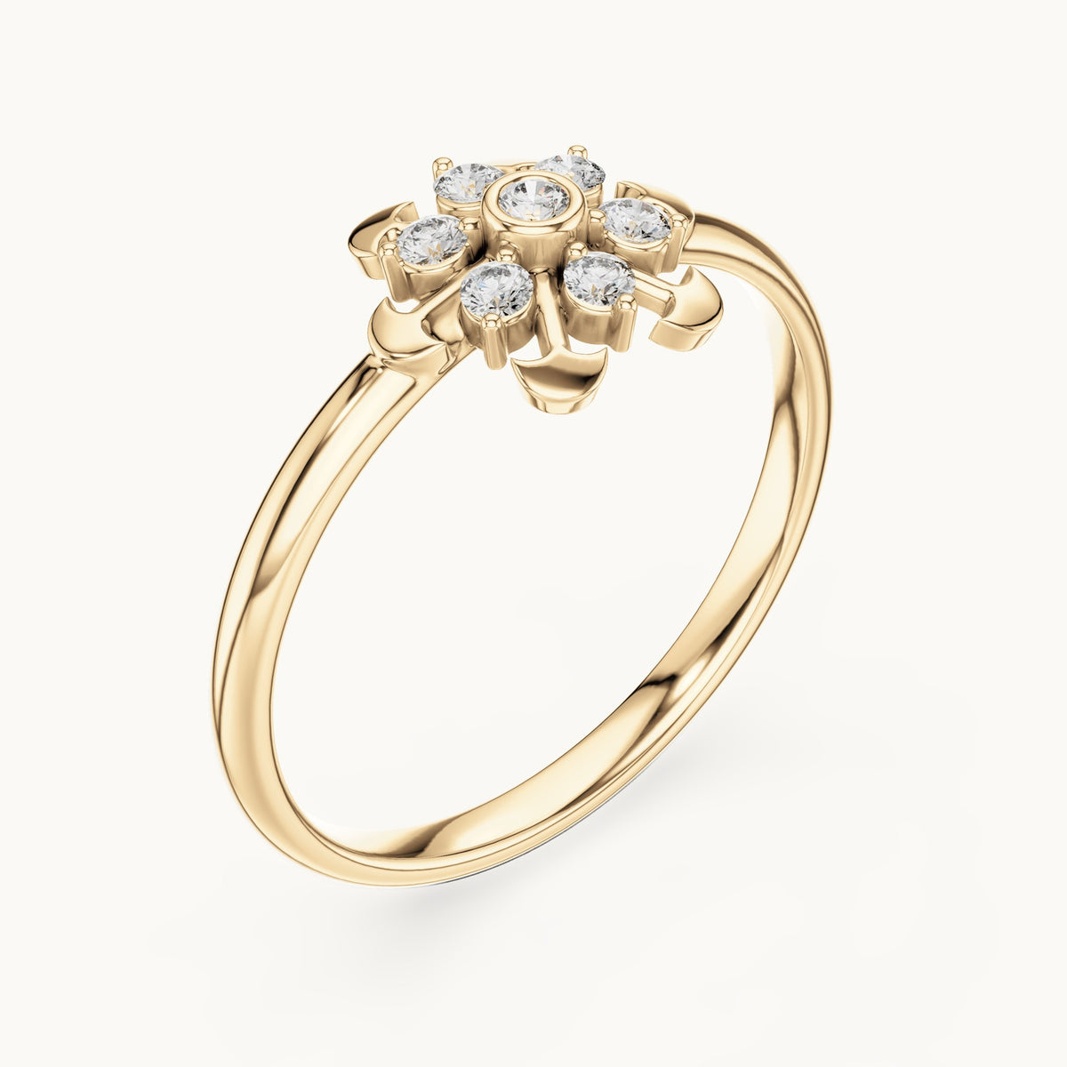 Round lab-grown diamond bezel center flower ring in yellow gold, 0.090 CT TW, view 2