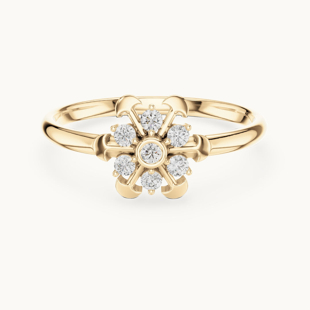 Round lab-grown diamond bezel center flower ring in yellow gold, 0.090 CT TW, view 4