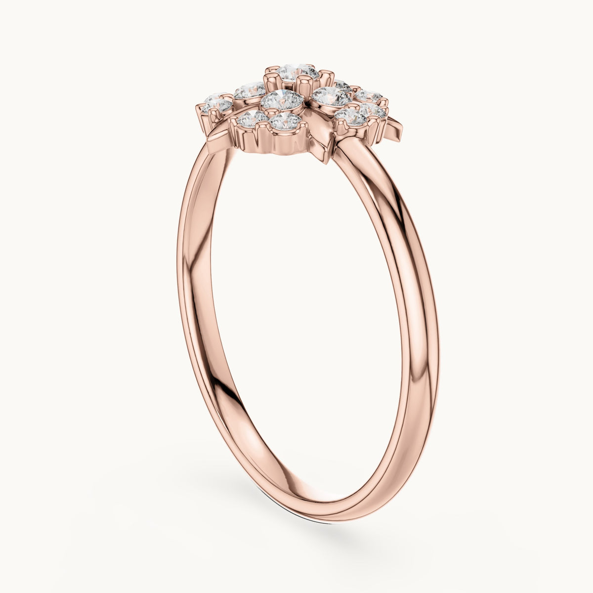 Round lab-grown diamond leaf cluster flower ring in rose gold, 0.175 CT TW, view 1